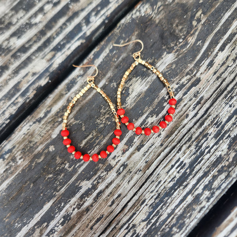 Red Beaded & Metal Hoop Earring