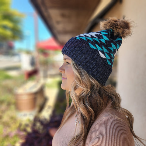 Aztec Pom Pom Beanie Hat Navy