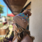 Aztec Pom Pom Beanie Hat Taupe