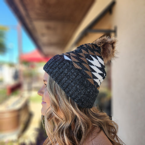 Aztec Pom Pom Beanie Hat Gray