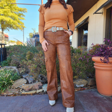 Brown Distress Faux Leather Cargo Pant