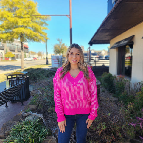 Pink Ribbed V Neck Sweater