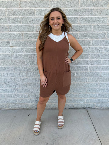 Brown Ribbed Shorts Romper