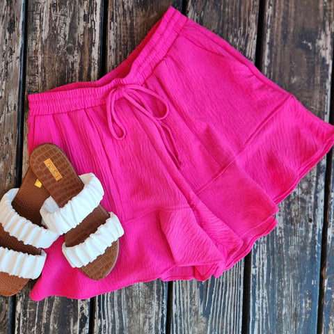 Bright Pink Ruffle Hem Shorts