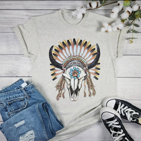 Feather Cow Skull Graphic Tee