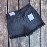Mid Rise Frayed Hem Washed Black Denim Shorts