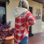 Mixed Red Plaid Long Sleeve Hooded Flannel Top