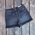 Mid Rise Frayed Hem Washed Black Denim Shorts