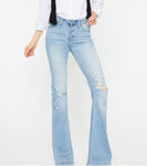 Kancan Midrise Distressed Button Front Flare Jean Light Wash