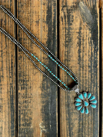 Long Layered Navajo Necklace W/ Sqaush Blossom